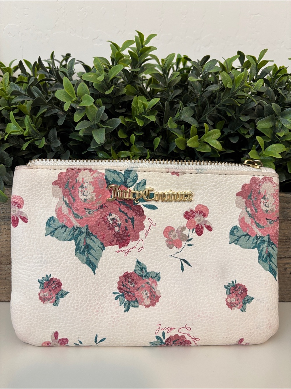 Juicy Couture White Cosmetic Pouch with Pink Floral Print